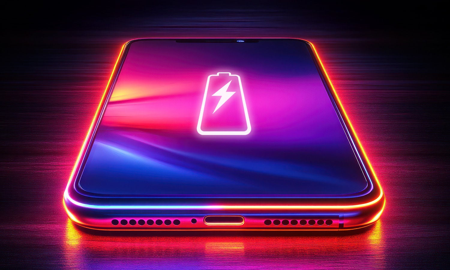 红色移动设备，霓虹色屏幕上显示粉色、蓝色、红色和紫色，以及白色的电池符号