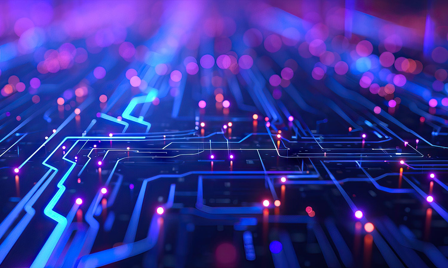 抽象的蓝色电路连接线，散发出模糊的紫色光