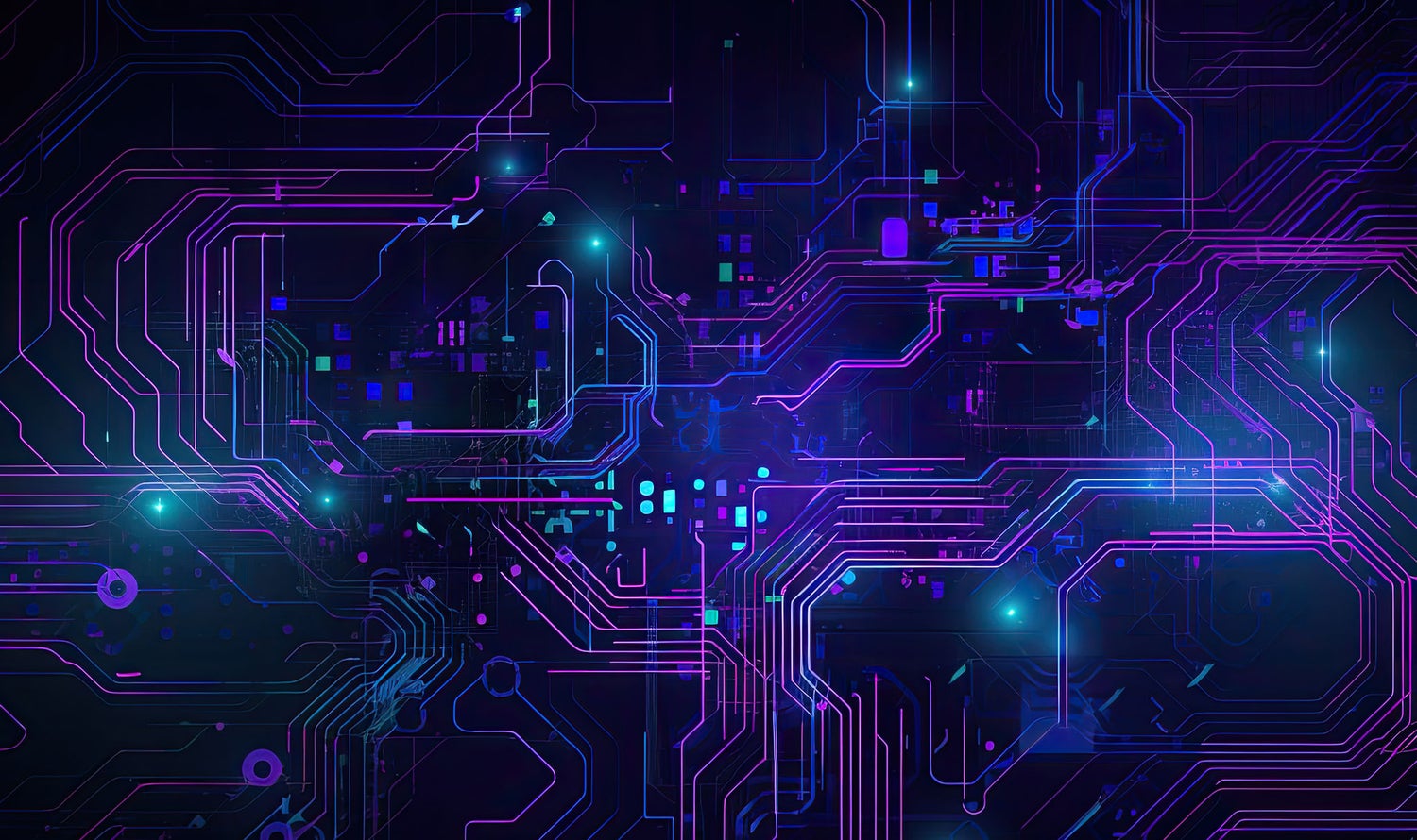 黑色背景上以青绿色、蓝色和紫色呈现的电路数字效果图
