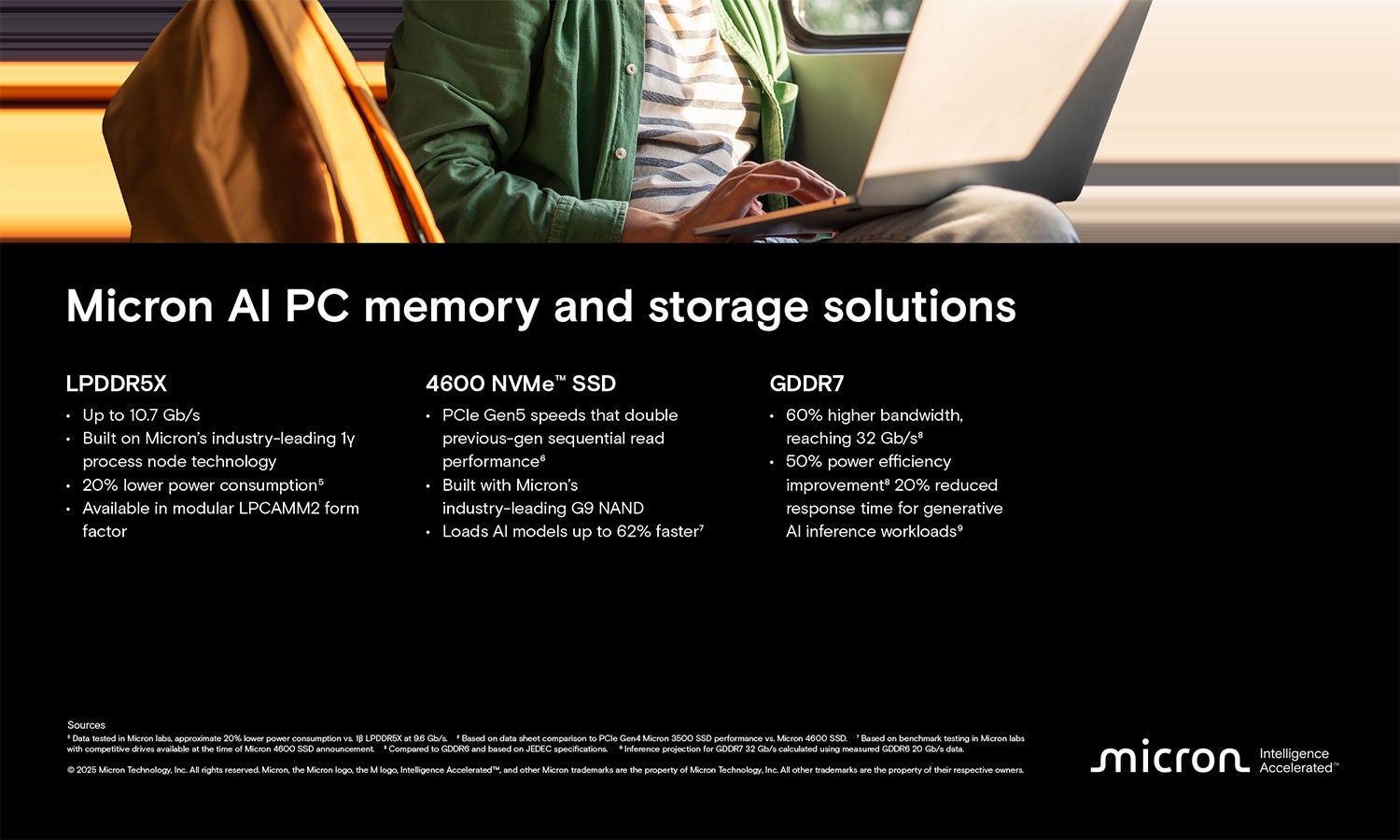 一位火车上的乘客正在使用轻薄型电脑，电脑的右侧边缘一直延伸到画面之外。